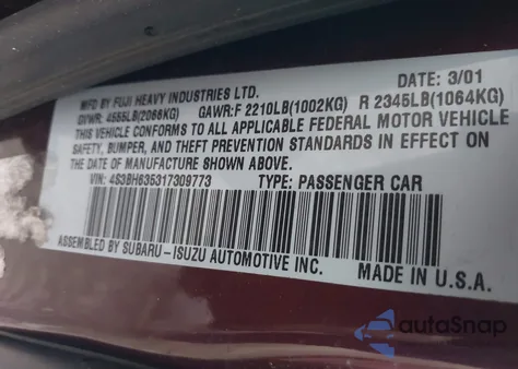 2001 Subaru Legacy L из США, поврежденный, VIN 4S3BH635317309773